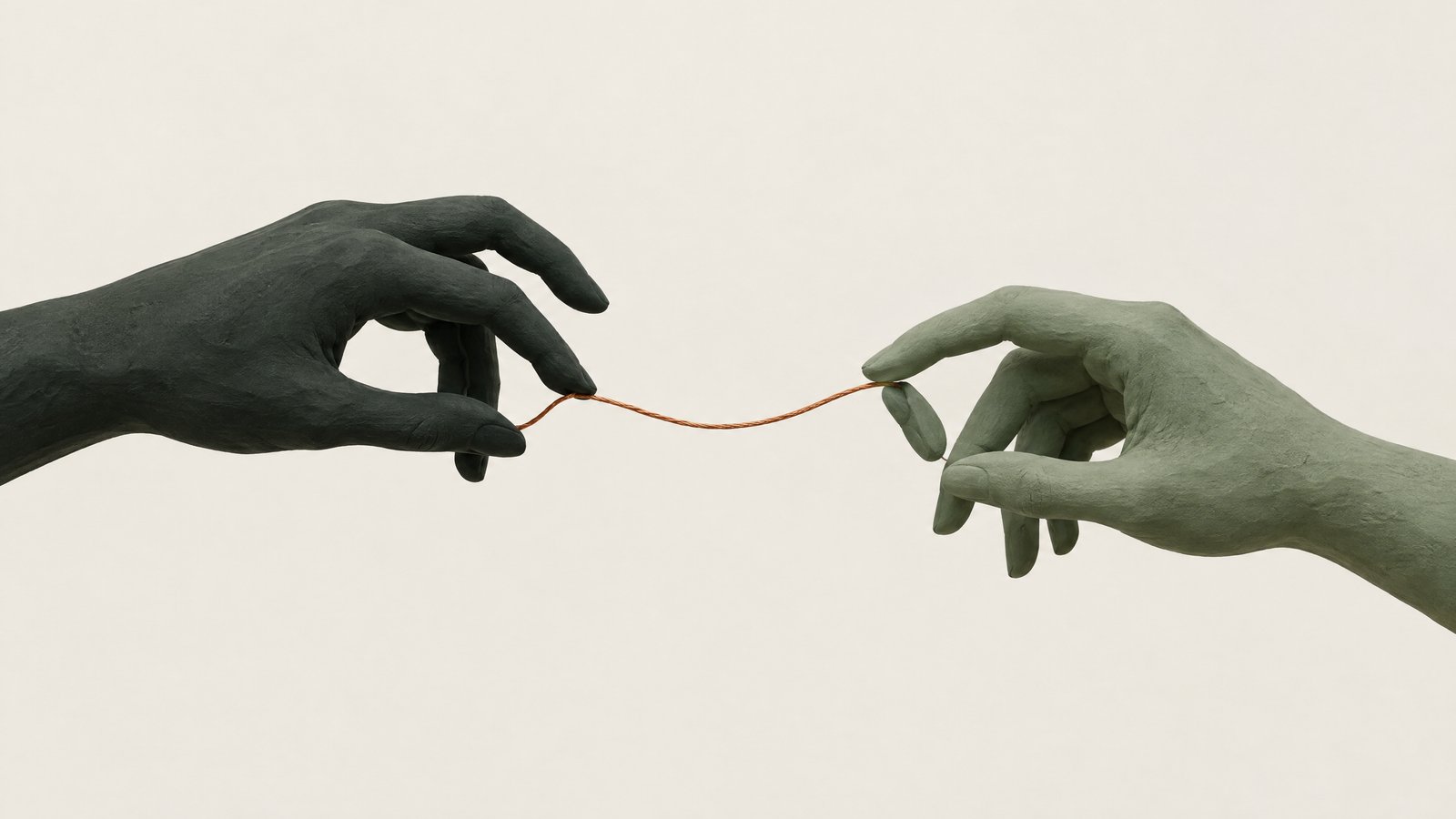 Two clay hands, one dark green and one sage, holding a single copper thread between their fingertips