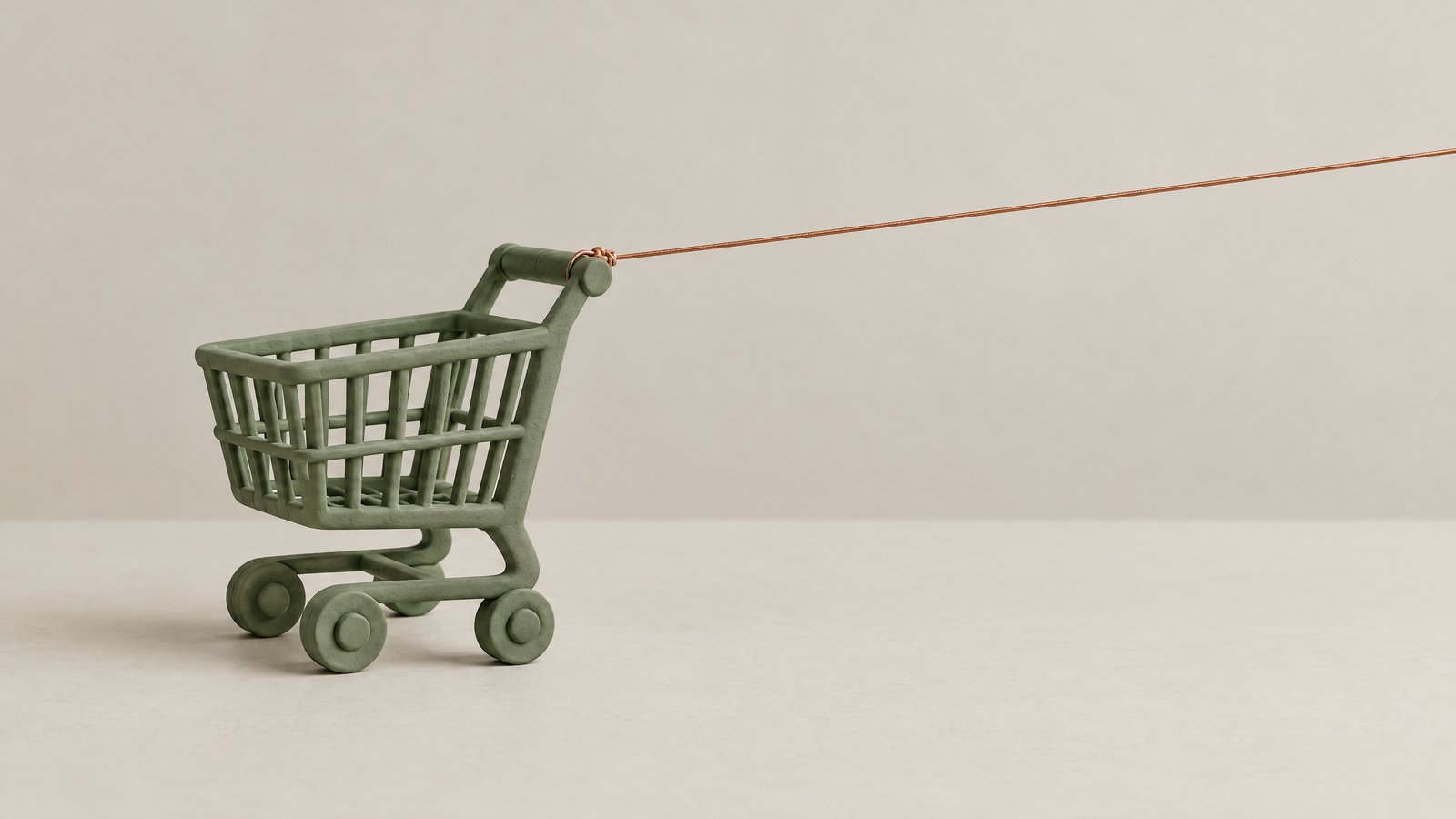 A small sage clay shopping cart on an off-white surface, a copper thread pulling it forward