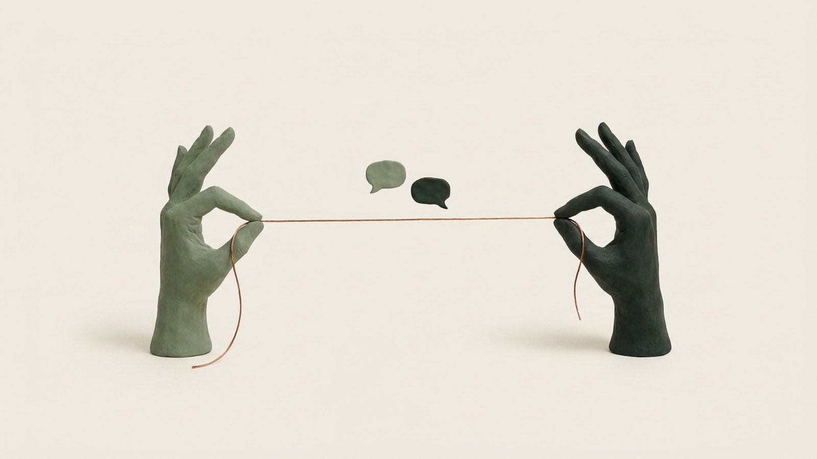 Two clay hands, one sage and one dark green, holding a copper thread with two small speech bubbles between them