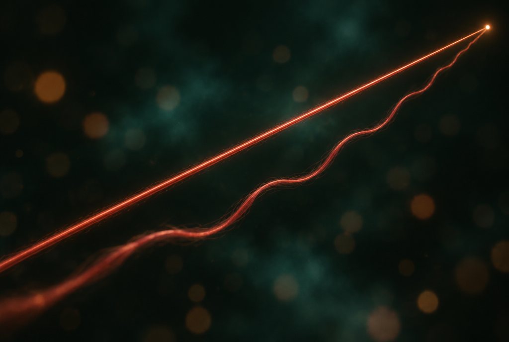 Two copper threads on deep green, one taut and bright, one slack