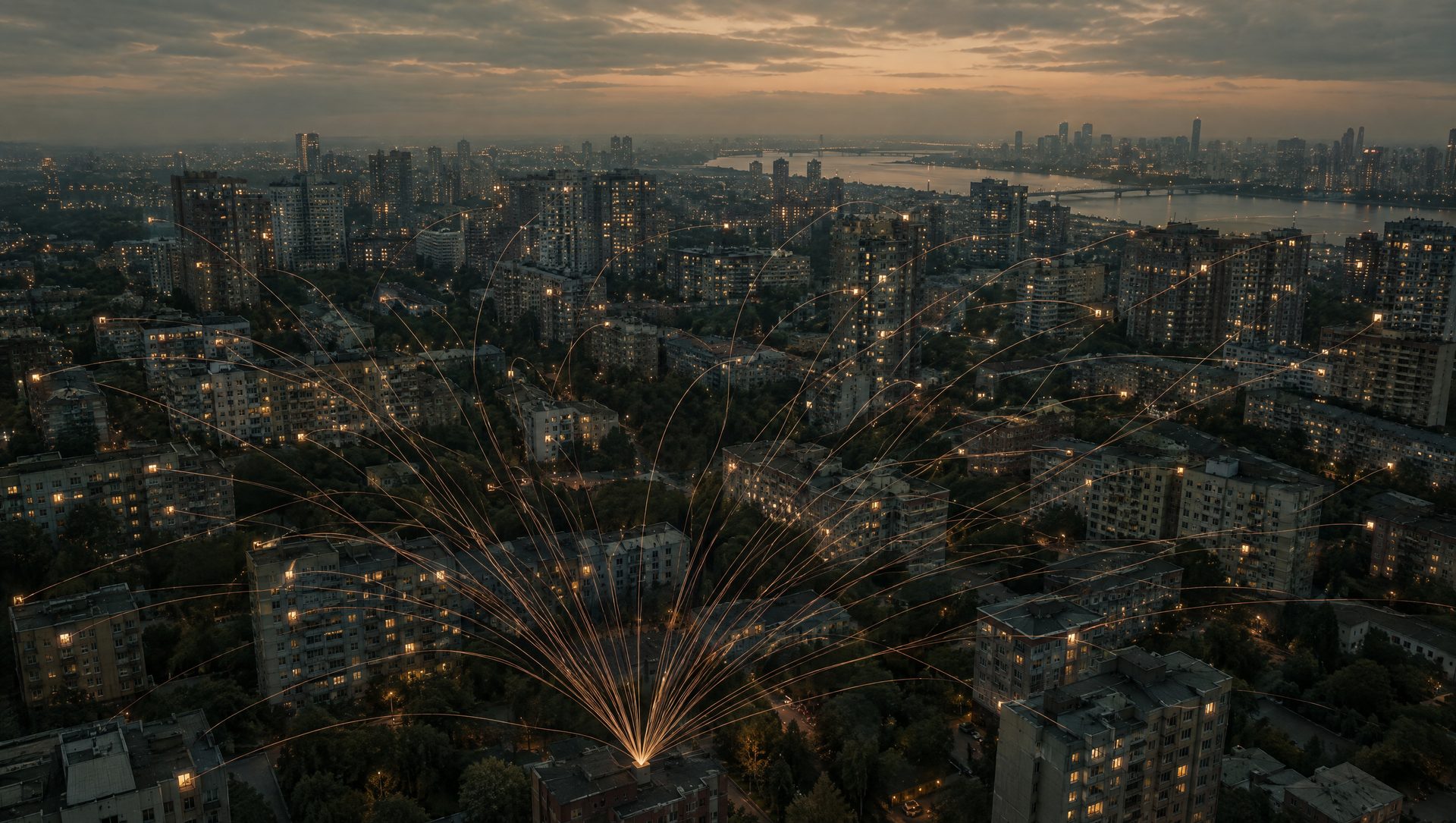 Aerial view of a city at dusk, copper threads of light reaching from one point to hundreds of lit windows