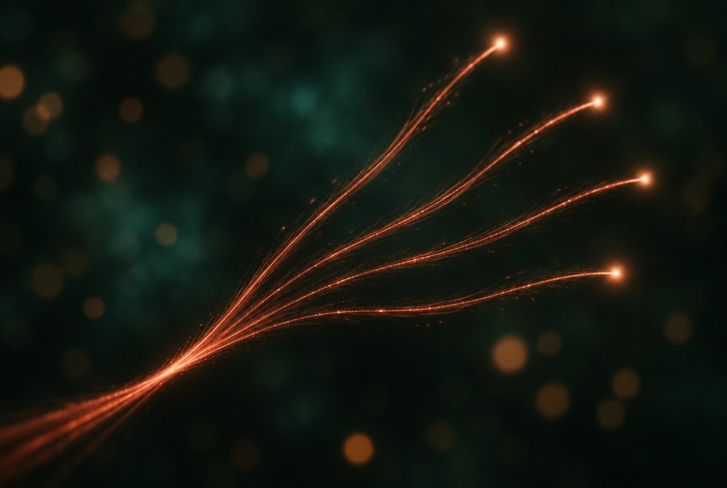 A copper thread fanning out into five lit strands on deep green