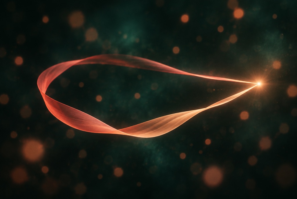 A copper thread that loops back to its point of light on deep green