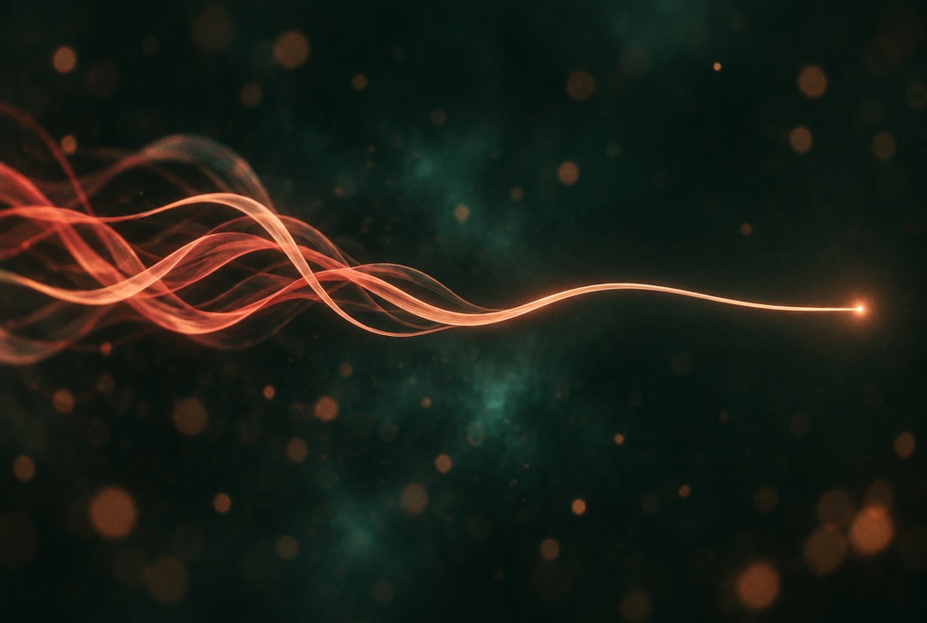 A tangled copper thread resolving into one clean line on deep green