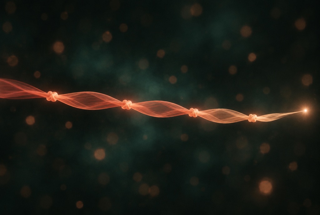 A long copper thread with evenly spaced knots of light on deep green