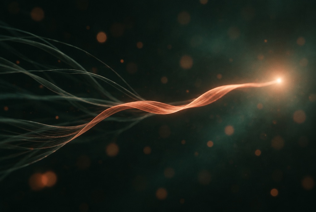 Dim threads fading while one copper thread is drawn forward on deep green
