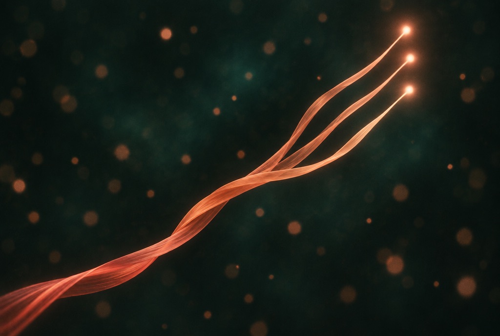 A copper thread splitting into three strands on deep green