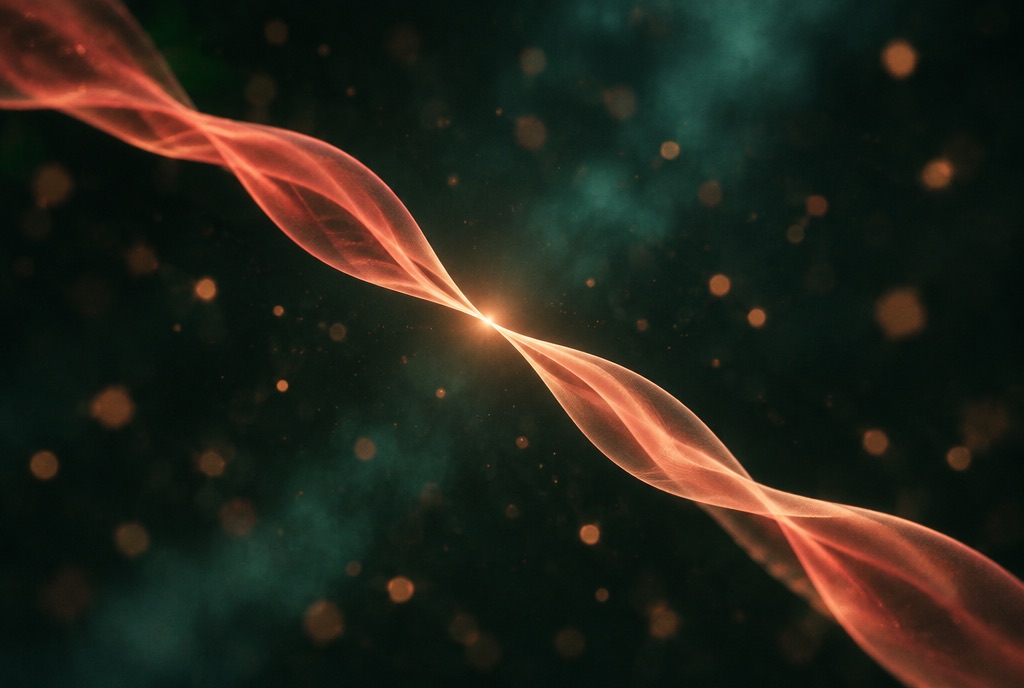 Two copper threads meeting at one point of light on deep green