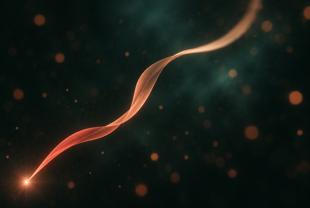 A copper thread unfurling from a single point of light on deep green